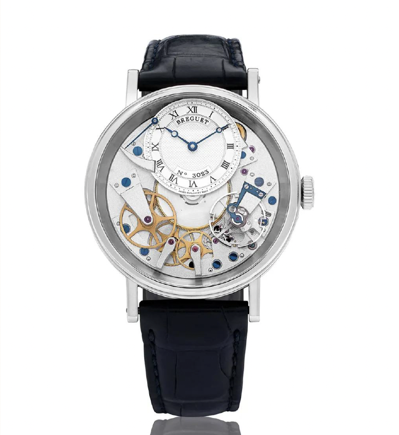 Breguet Tradition 7057BB watch featuring an open-worked design, showcasing intricate gears and a classic Roman numeral dial